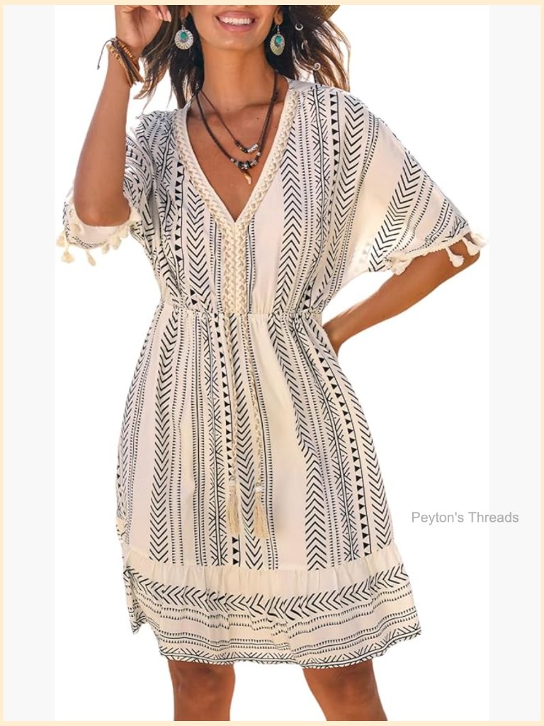 V Neck Lace Short Sleeve Tassel Trim Paisley Boho Mini Sundress